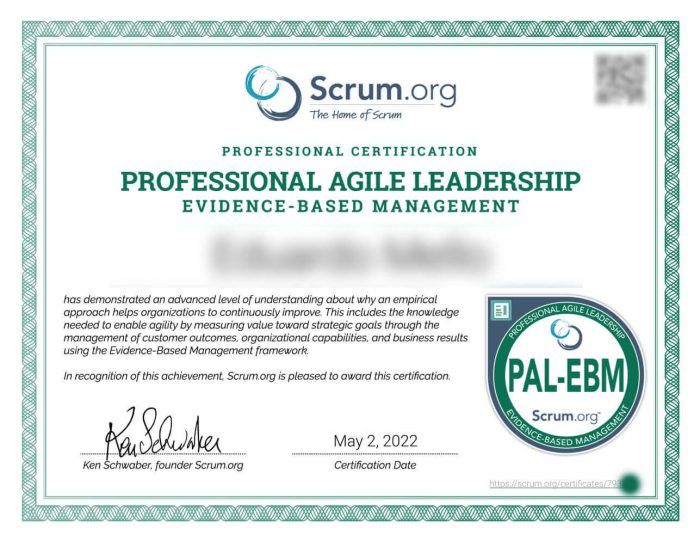 сертификат Professional Agile Leadership от scrum.org