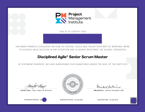 сертификат Disciplined Agile Senior Scrum Master от pmi.org