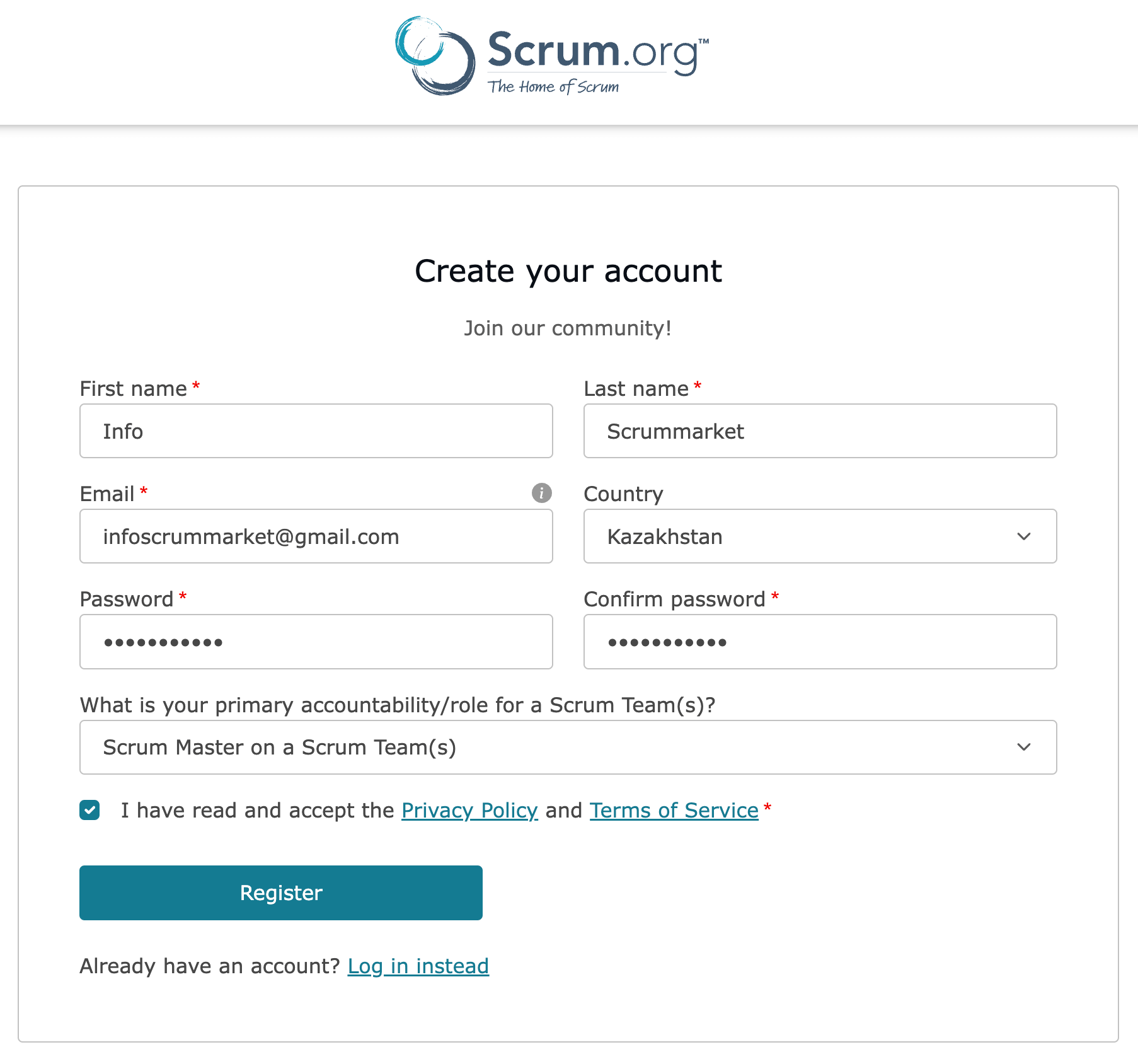 ΡΠΎΡΠΌΠ° ΡΠ΅Π³ΠΈΡΡΡΠ°ΡΠΈΠΈ Π½Π° ΡΠ°ΠΉΡΠ΅ scrum.org